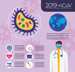 covid19 pandemic infographics with earth planet and doctor