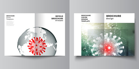 Fototapeta na wymiar Vector layout of two A4 cover mockups templates for bifold brochure, flyer, magazine, cover design, book design. 3d medical background of corona virus. Covid 19, coronavirus infection. Virus concept.