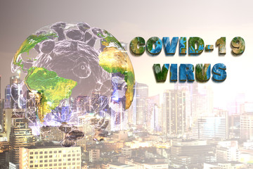Coronavirus epidemic, word COVID-19 on global map. Novel coronavirus outbreak in China, spread of corona virus in world. COVID-19 pandemic and travel concept. Elements of this image furnished by NASA.