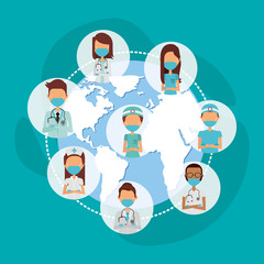 medical staff with face masks and earth planet