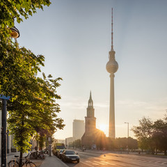 Berlin TV tower and St.Marien Church at sunrise