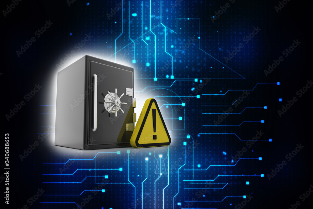 Poster 3d rendering exclamation sign with locker