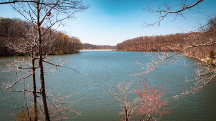 view of lake and dam in the distance