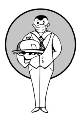 Waiter serving food. Restaurant delivery service - vector line drawing of a tall man in a medical mask, with a tray and a dish. Safe from coronavirus.