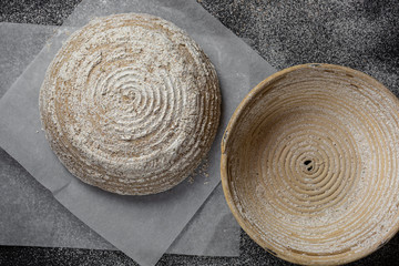 Proofing dough in a special basket. Raise the dough before baking. Yeast-free dough. The...