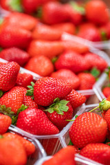 Fresh strawberries in the baskets for sale at farmers market