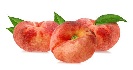 Three chinese flat donut peaches with leaf isolated on white with clipping path