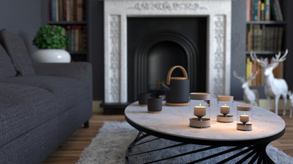 Indoor Home Tea Coffee Candle Pillow Seat Cup Teapot Candle Book - 3D Rendering