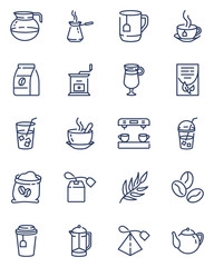 Coffee and tea line icons set. Hot chocolate and ice drinks, shakes, cups, roasted beans. Thin icons can be used for refreshment, coffee shop, morning, kitchen concept