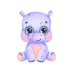 Cute cartoon violet hippo on a white background