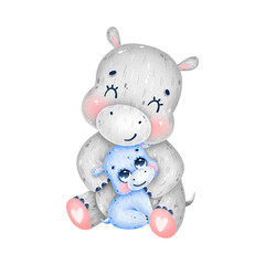 Cute cartoon parent and baby hippos hug on a white background