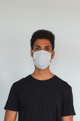 Man adult black wearing coronavirus mask isolated on white