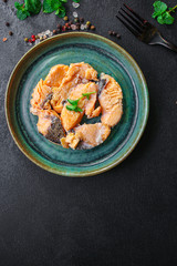 canned salmon, fish preserves seafood in tin can menu concept background. top view. copy space for text ketogenic diet, paleo or pescatarian
