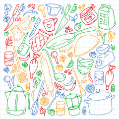 Cooking class. Menu. Kitchenware, utencils. Food and kitchen icons.