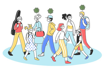 Crowd of infected and healthy people outside during corona virus outbreak. Men and women protecting faces with medical masks. Vector illustration for coronavirus, quarantine, safety, infection concept
