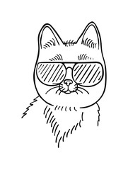Black line art outline vector drawing illustration sketch of a cute cat with glasses isolated on white background.