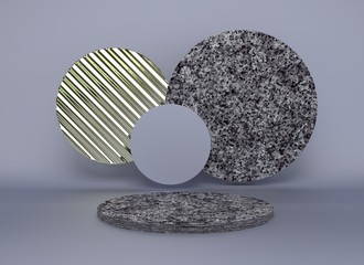 3d rendering studio with geometric shapes, podium on the floor. Platforms for product presentation, mock up background.