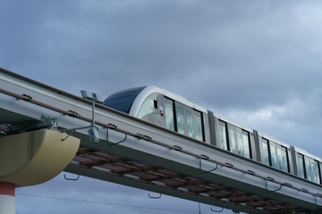 Moscow Monorail in blue sky near the  Exhibition of Achievements of National Economy (VDNKh). No people. Concepts- stay home, save live. Coronavirus pandemic lifestyle