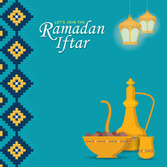 Ramadan Iftar party celebration template design. Fanous lantern, sweet dates, arabic teapot & cup in flat design on blue pattern background. Ramadan Kareem the holy month of Islam.
