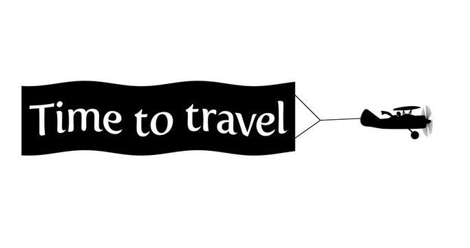 Flying Biplane with banner, retro air vehicle with ribbon