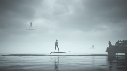 Obraz premium Mysterious Cyberpunk Witch Surf Girls on Flying Surfboards above Black Sand Surrounded by Water 3d illustration 3d render 