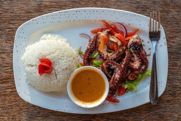 Fried octopus tentacles with white rice on a plate, close up