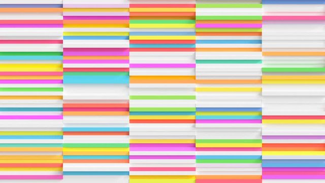 Colorful Stripes Loop 1 Multicolor: many thin rectangles pattern moving fast and changing color. White rectangles and rainbow color rectangles. Warm colorful vibrant background. Seamless loop. 4K
