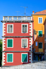 SIBENIK, CROATIA - 2017 AUGUST 18. Colorful houses in the street of the old city of Sibenik.