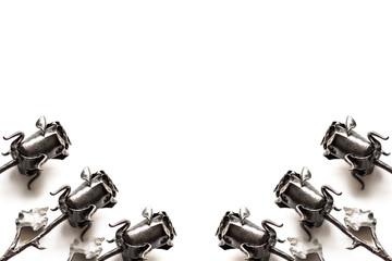 Cast-iron, forged roses in the lower corners on a white background with an inscription for text. Luxury, modern, elegant, beautiful gift. You can use it as an envelope or wrapper.