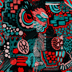 Creative seamless pattern with beautiful bright abstract elements. Colorful texture for any kind of a design. Graphic abstract background. Contemporary art. Trendy modern style.