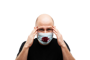 Bald head man wearing bloody cough respiratory protective medical mask