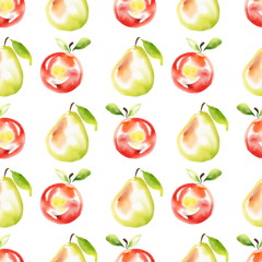 Fruit seamless pattern 5. Watercolor apples and pears. Isolated on white.
