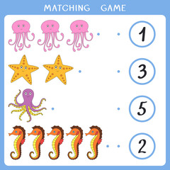 Educational math game for kids. Count how many sea animals and connect with number