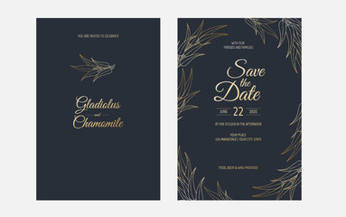 Minimalist wedding invitation card template design. Template, Frame with Delicate Flowers, Branches, Plants.