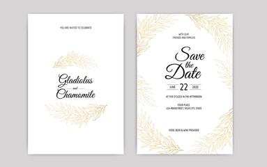 Minimalist wedding invitation card template design. Template, Frame with Delicate Flowers, Branches, Plants.