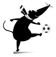 Cartoon rat or mouse plays football illustration. Cartoon rat or mouse kicks a ball black on white 
