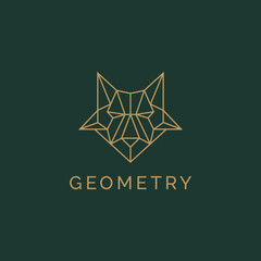 Geometric wolf logo in line art style. Polygonal face or head outdoor camping logo. Beast, hunt or predator icon. Vintage wildlife vector illustration