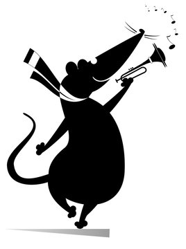 recommend clip art: Cartoon rat or mouse a trumpeter is playing music illustration. Rat or mouse playing trumpet isolated black on white
                    