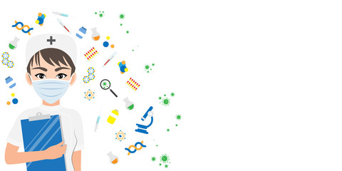 Cartoon character with a professional nurse or hospital worker wearing medical mask on face to fight coronavirus on a white background. Flat icon design vector