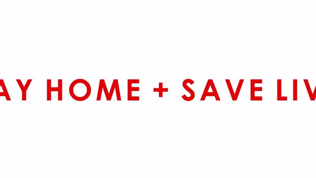 STAY HOME + SAVE LIVES Text typography red color animation smooth on white background. Concept of prevention contagion the pandemic or situation Coronavirus (COVID-19). 4K 59.94fps