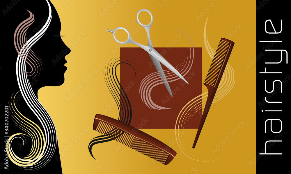 Wall mural illustration vectorielle pour un coiffeur d’une silhouette de femme et des objets pour la coupe de cheveux.