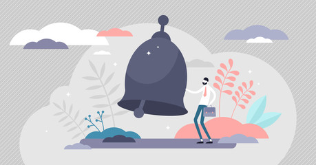 Alert bell ringing vector illustration. Warning flat tiny persons concept.