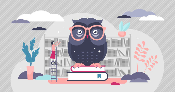 Wise owl vector illustration. Knowledge symbol flat tiny persons concept.