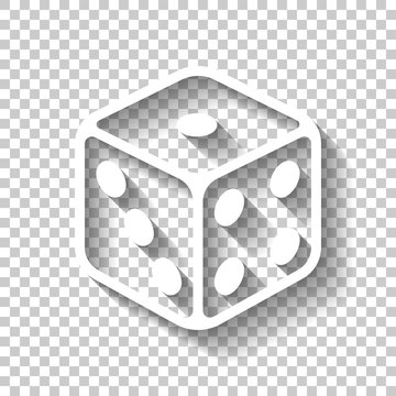 Dice cube, casino game. White icon with shadow on transparent background