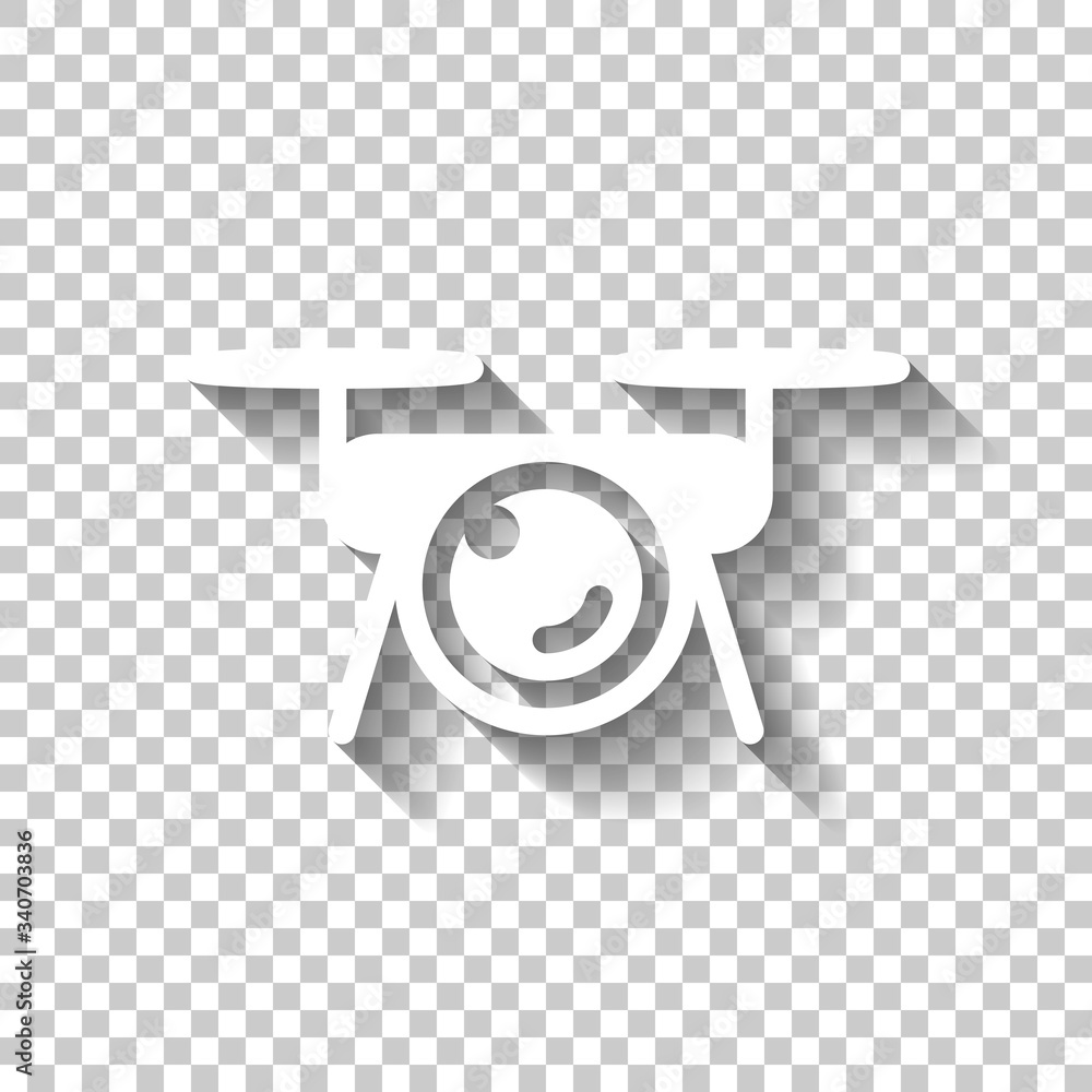 Poster drone with camera, tech logo. white icon with shadow on transparent background