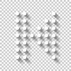 Digital dotted rewind music symbol. White icon with shadow on transparent background