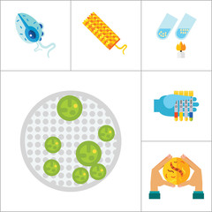 Bacteria icons set with biohazard sign, genome and bacteria in Petri dish. Flat icons