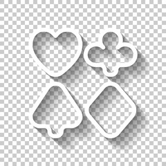 Playing card suits, poker club, outline design. White icon with shadow on transparent background © fokas.pokas