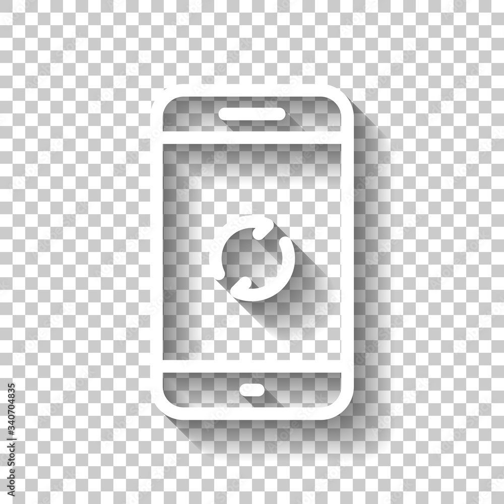 Poster mobile phone and update or reload sign, outline design. white icon with shadow on transparent backgr