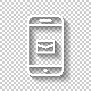 Email And Mobile Phone, Outline Design. White Icon With Shadow On Transparent Background